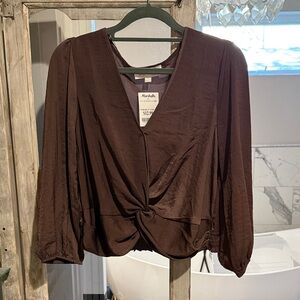 Pink Rose Chocolate Brown Twist Front Blouse